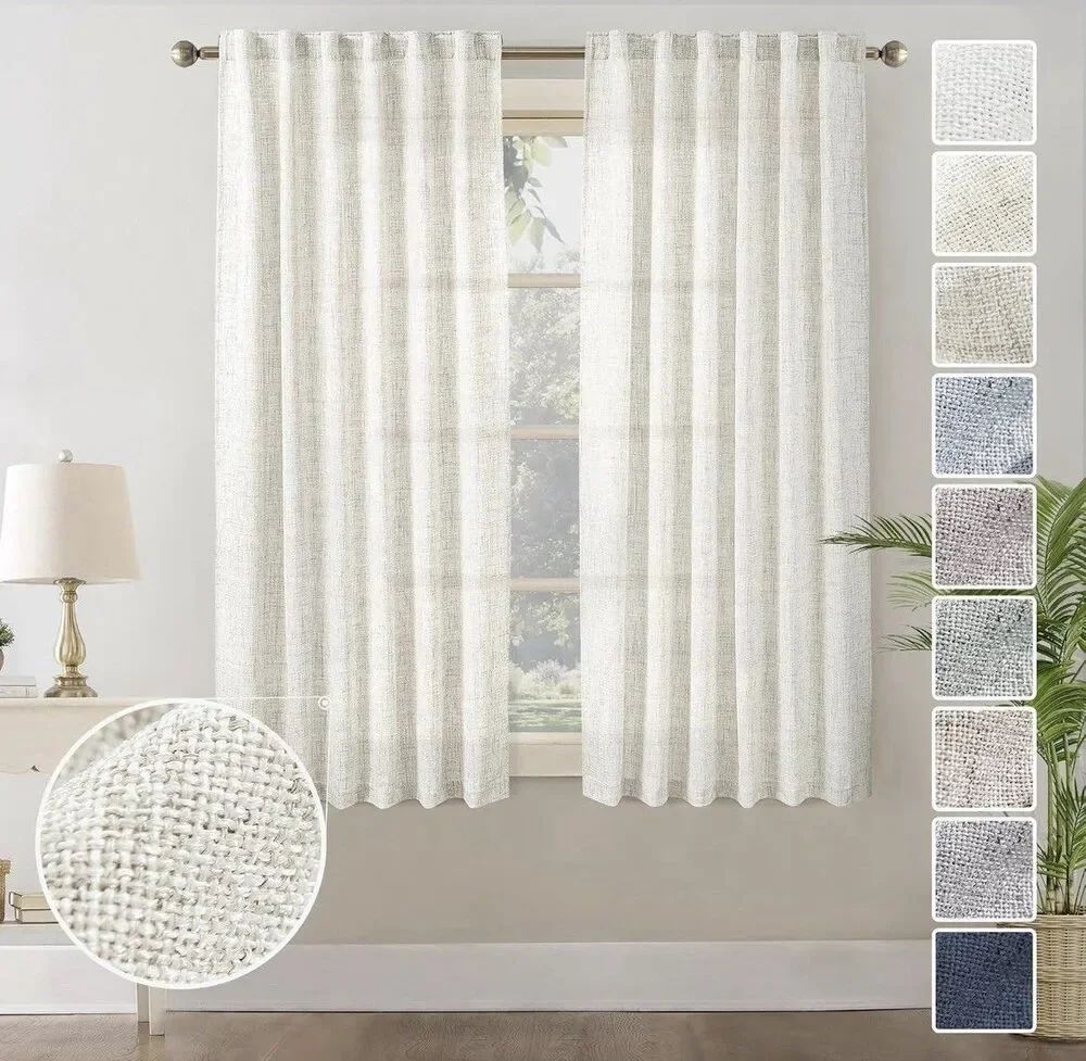 Natural Linen Textured Curtains 2 Panels 50x63 Cream Back Tab Light Filter
